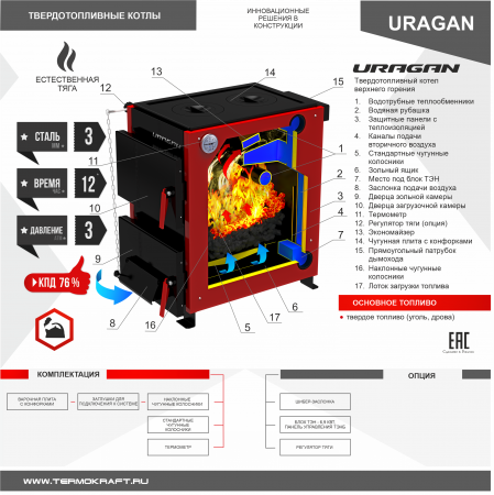 Котел твердотопливный URAGAN 20 с плитой